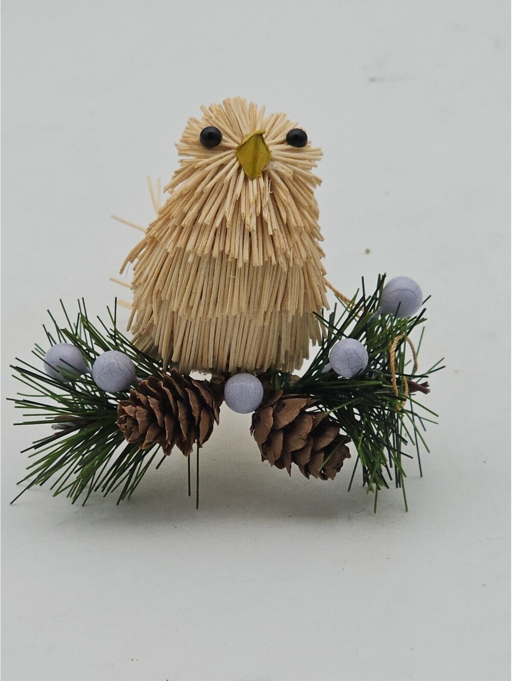 Straw Christmas Bird in Pine Nest Ornament Handcrafted Folk Art